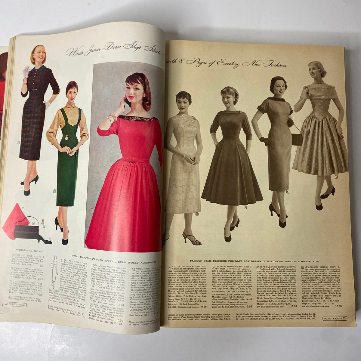 1956 - 1957 Montgomery Ward Fall and Winter Catalog featuring a variety of stylish women's dresses from the mid-century era, highlighting popular fashion trends.
