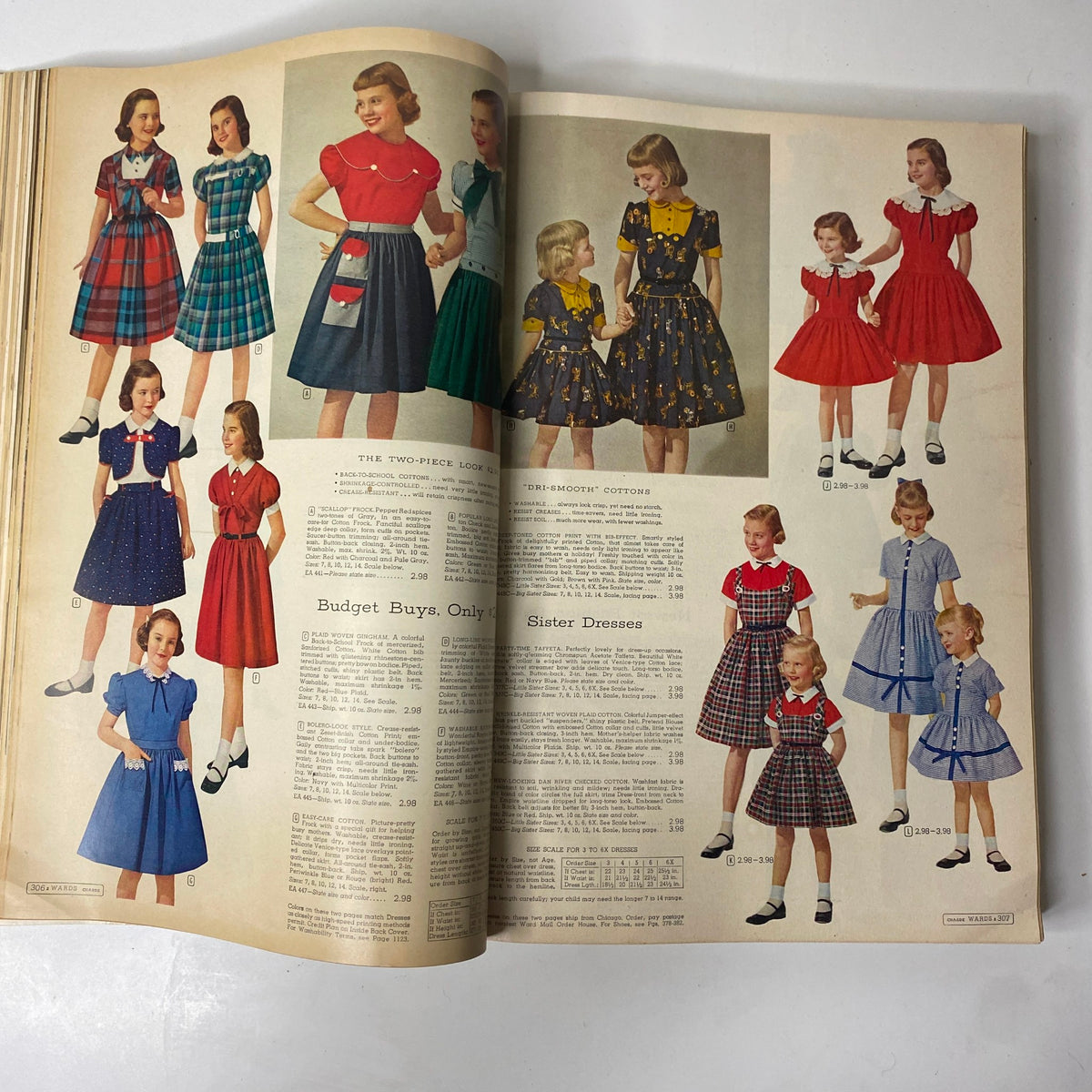 1956 - 1957 Montgomery Ward Fall and Winter Catalog displaying a collection of girls' dresses, showcasing vintage styles perfect for sisters.