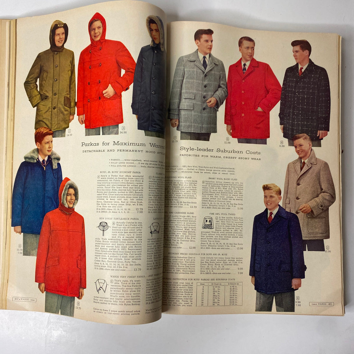 1956 - 1957 Montgomery Ward Fall and Winter Catalog presenting a range of men's stylish coats and parkas, illustrating winter fashion from the 1950s.