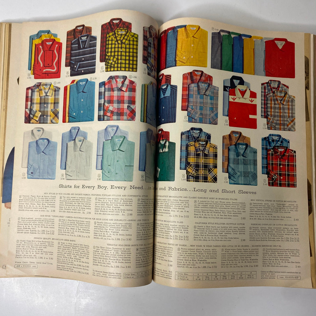1956 - 1957 Montgomery Ward Fall and Winter Catalog featuring a variety of colorful boys' shirts in various patterns and fabrics, demonstrating 1950s children's fashion.