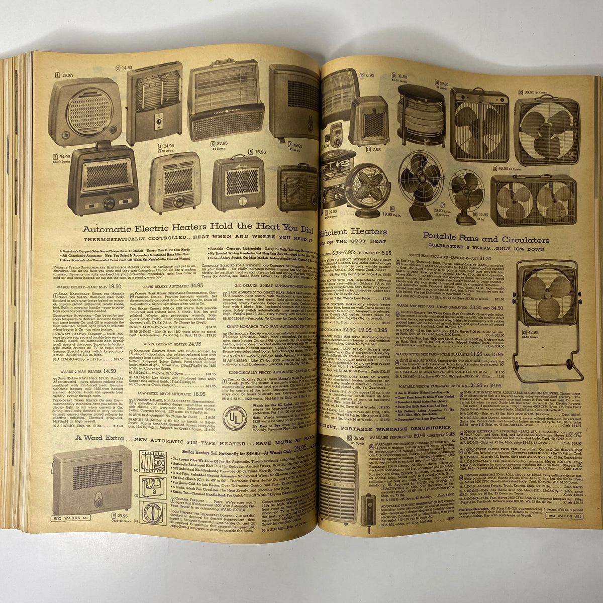 Page from the 1956 - 1957 Montgomery Ward Fall and Winter Catalog featuring a variety of automatic electric heaters and portable fans, showcasing mid-century American home appliances.