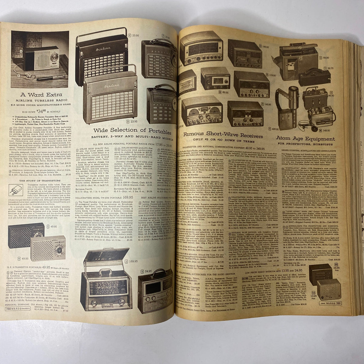 Page from the 1956 - 1957 Montgomery Ward Fall and Winter Catalog displaying a selection of portable radios and short-wave receivers, illustrating vintage audio equipment from the mid-20th century.