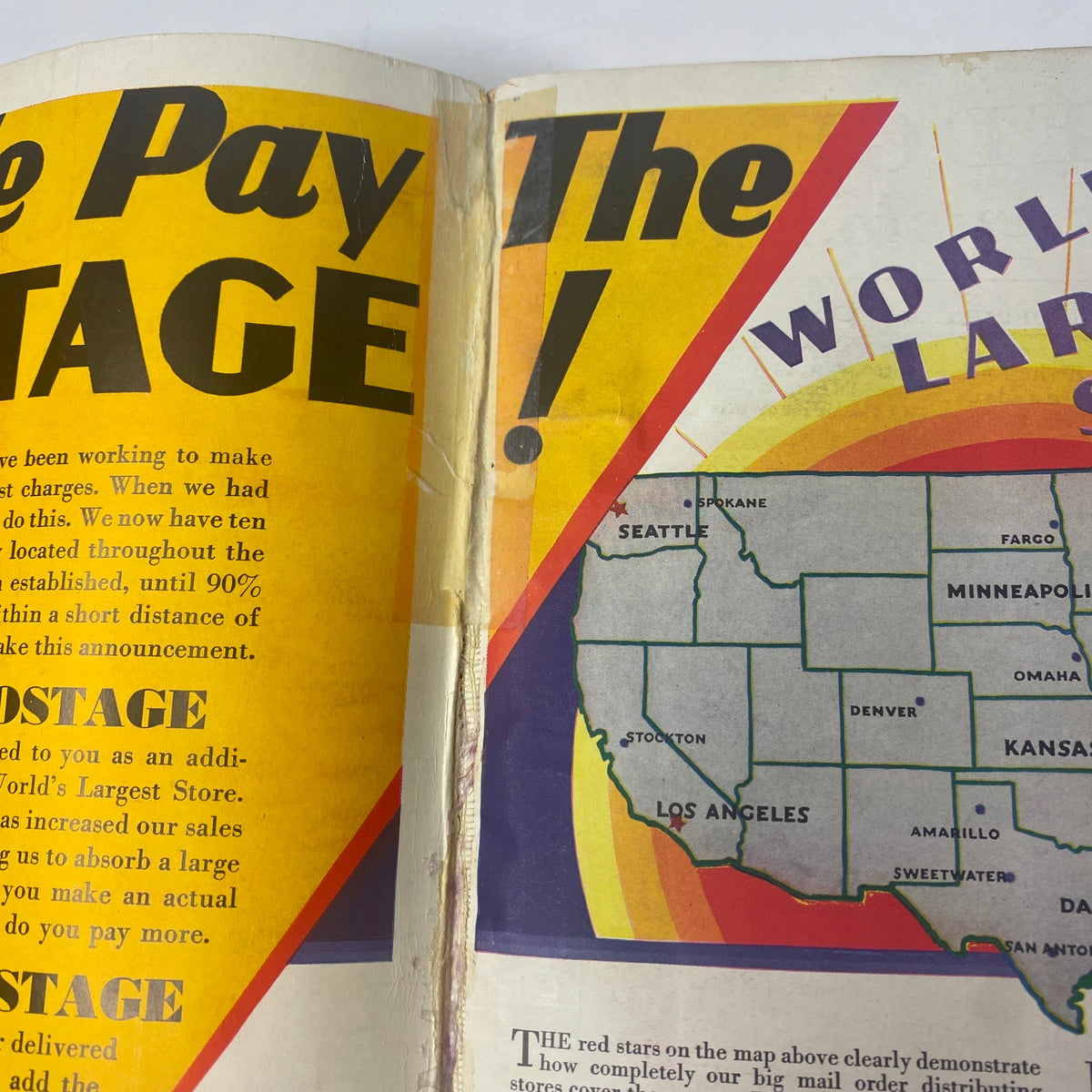 Interior page from the 1929 Sears, Roebuck and Co. Spring and Summer Catalog detailing postage payment options alongside a vintage map of service areas.