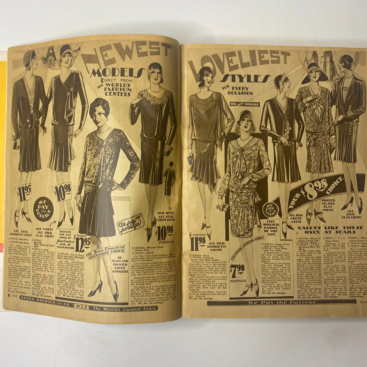 Fashion pages from the 1929 Sears, Roebuck and Co. Spring and Summer Catalog, showcasing elegant 1920s dresses and styles available for various occasions.