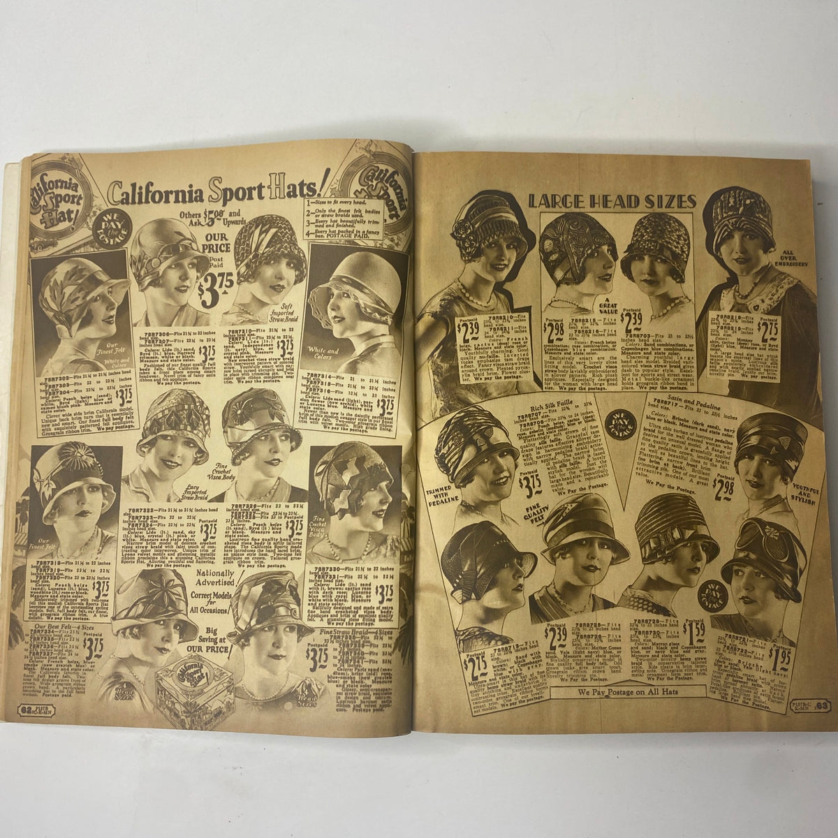 1929 Sears, Roebuck and Co. Spring and Summer Catalog featuring California sport hats and large head sizes, highlighting vintage accessory styles.