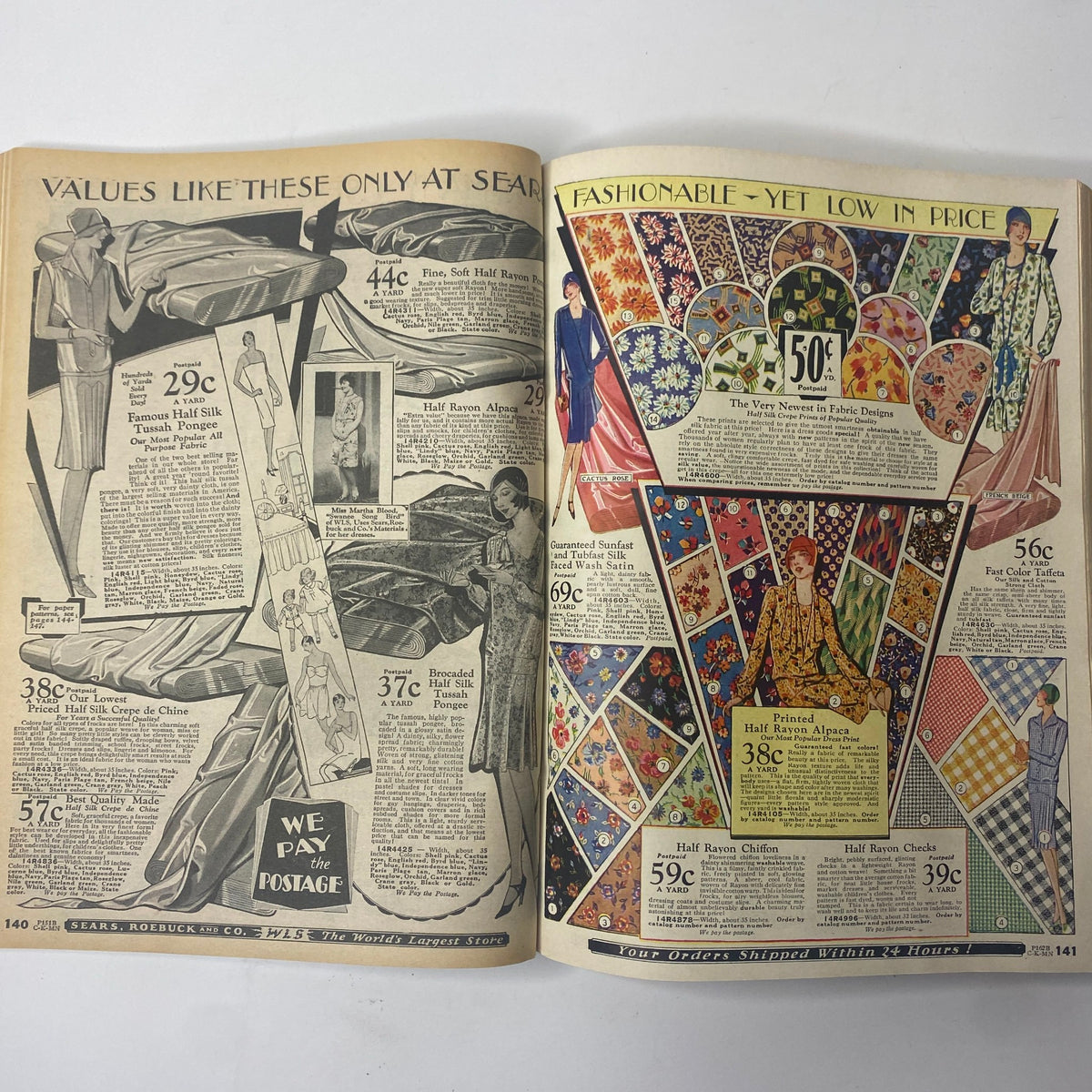 1929 Sears, Roebuck and Co. Spring and Summer Catalog displaying fashionable clothing items and fabric patterns, emphasizing affordability and style.