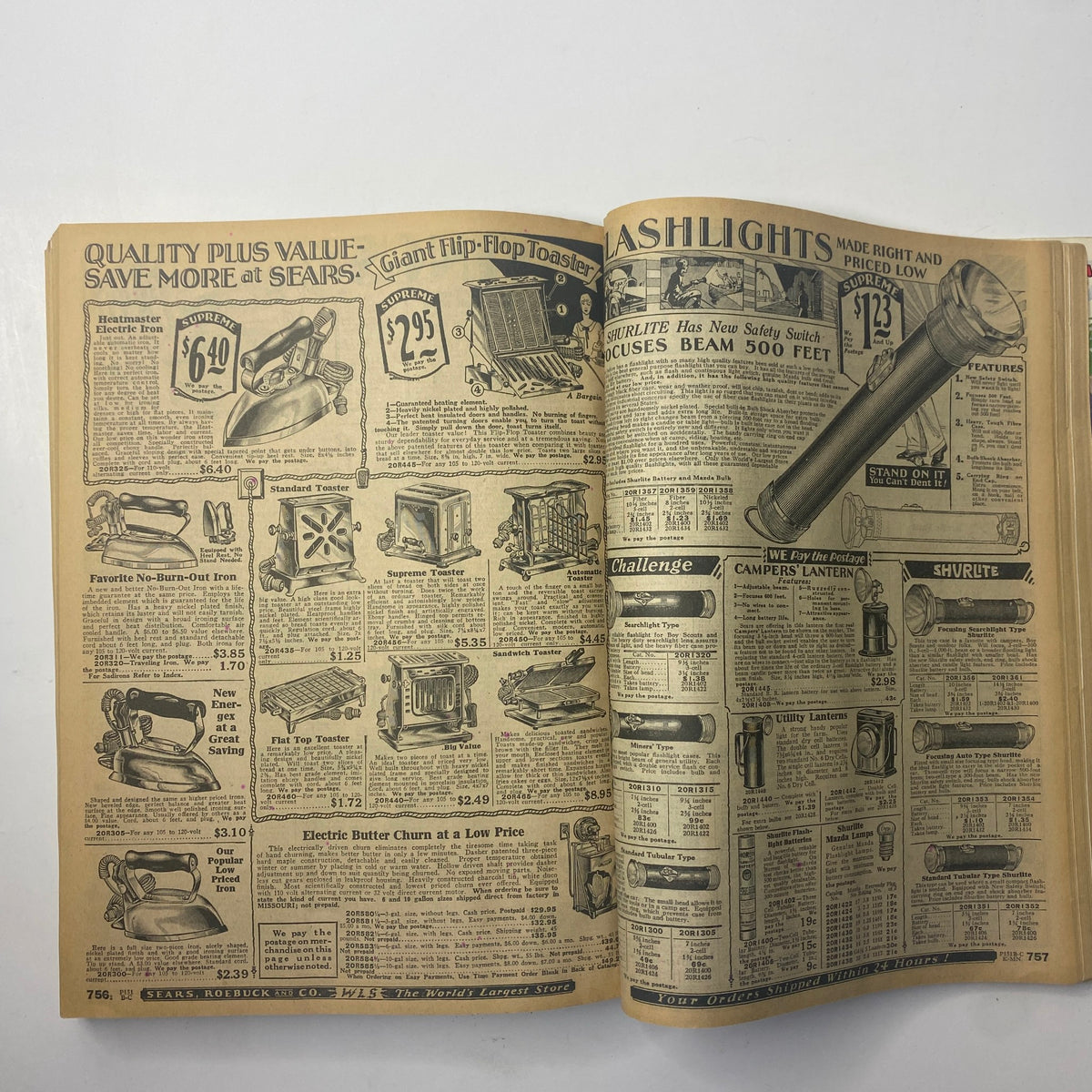 Interior view of the 1929 Sears, Roebuck and Co. Spring and Summer Catalog highlighting various household appliances, including toasters and irons, with pricing information.