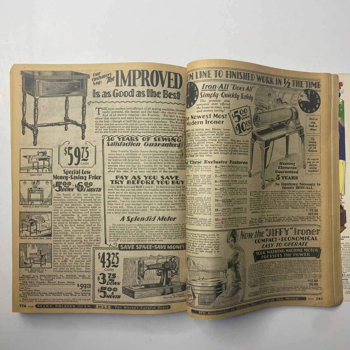Detailed page from the 1929 Sears, Roebuck and Co. Spring and Summer Catalog displaying furniture items and sewing machines, showcasing vintage home goods and their prices.