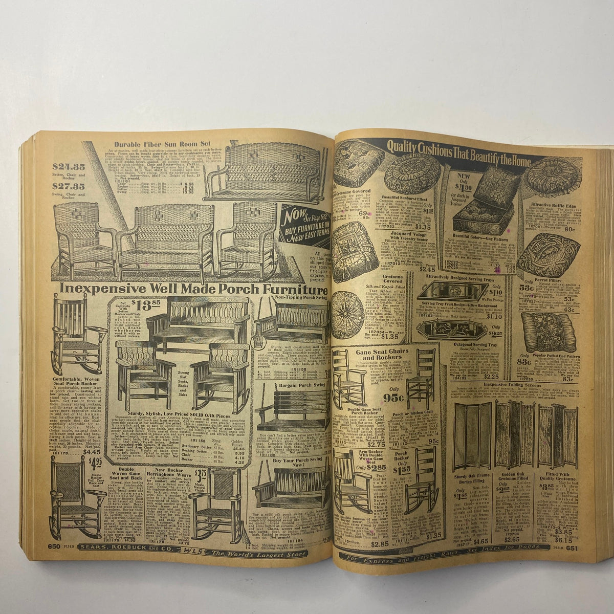 Engaging spread from the 1929 Sears, Roebuck and Co. Spring and Summer Catalog displaying a selection of porch furniture, along with detailed pricing for Victorian-style chairs.
