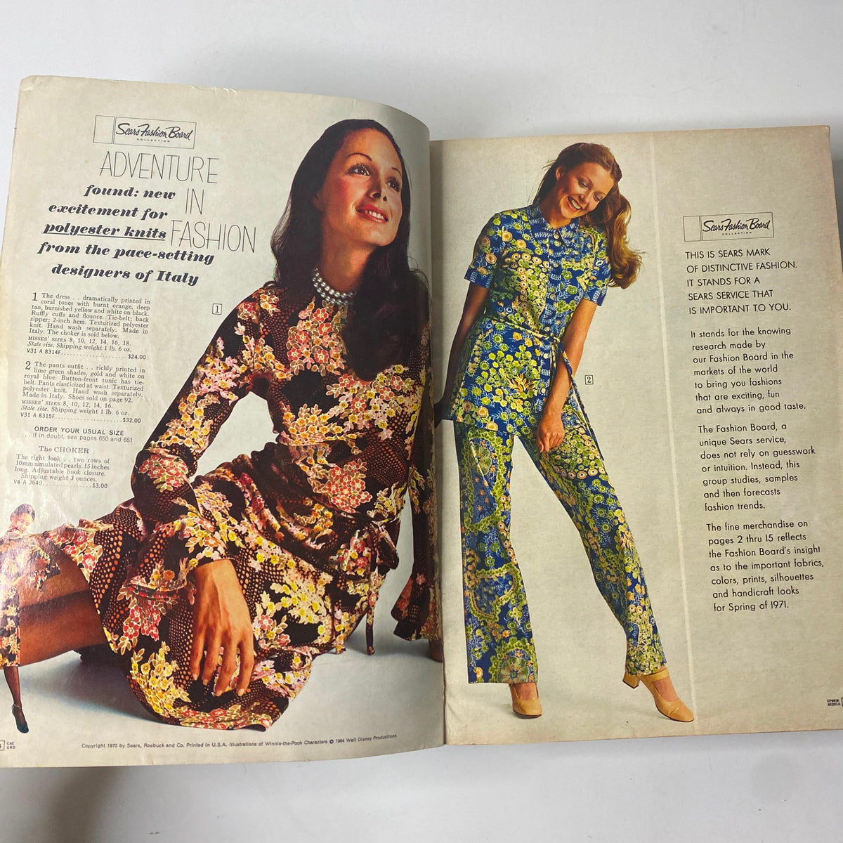 Inside page of the 1971 Sears Roebuck and Co. Spring and Summer Catalog showcasing bold polyester knit fashion from Italian designers.