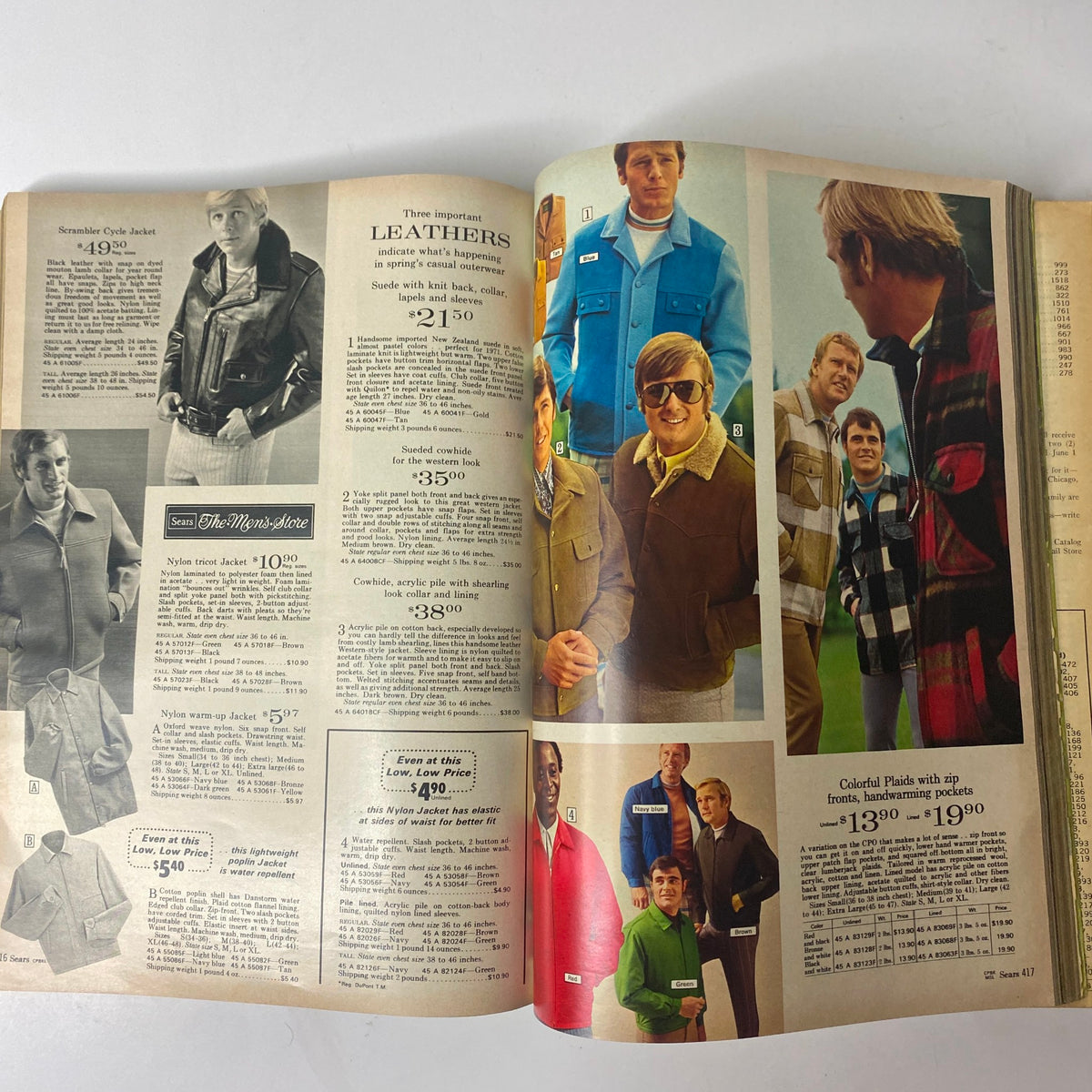 1971 Sears Roebuck and Co. Spring and Summer Catalog showcasing men's casual outerwear and leather styles, featuring various jackets with pricing details.