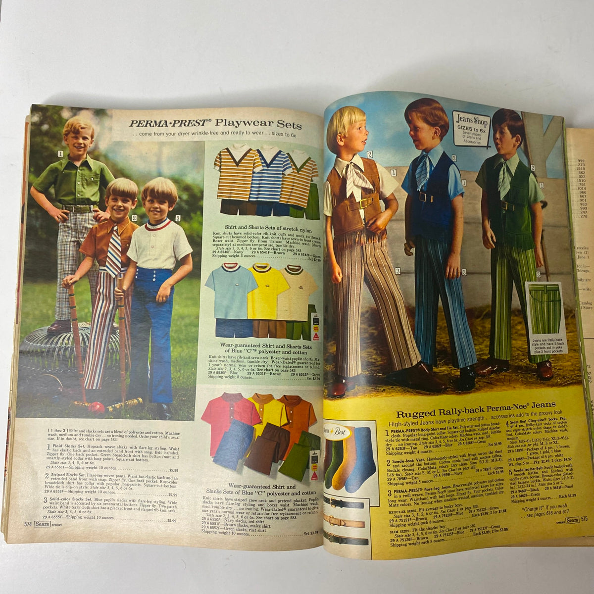 1971 Sears Roebuck and Co. Spring and Summer Catalog featuring children's playwear sets and styles, showcasing colorful shirts and patterned pants popular in the early 1970s.