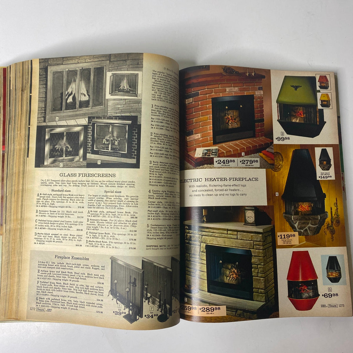 Interior image from the 1971 Sears Roebuck and Co. Spring and Summer Catalog featuring glass firescreens and electric heater-fireplaces, showcasing vintage home heating solutions.