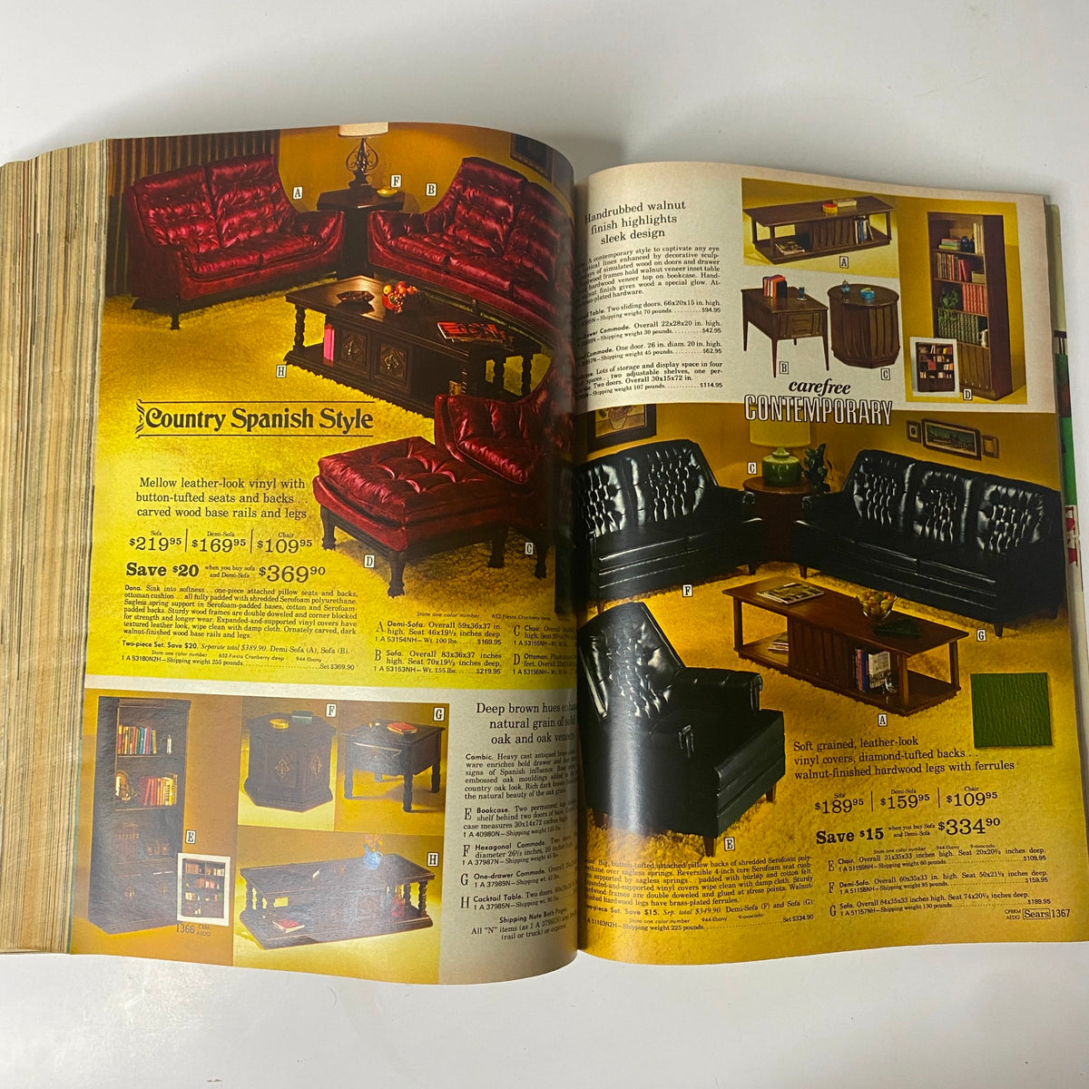 Stylish furniture arrangements from the 1971 Sears Roebuck and Co. Spring and Summer Catalog, featuring Country Spanish style and contemporary sofa selections.