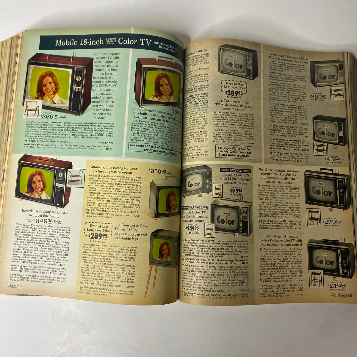 1970 Sears Roebuck and Co. Fall and Winter Catalog showcasing a variety of mobile color TVs, with detailed pricing and features listed.