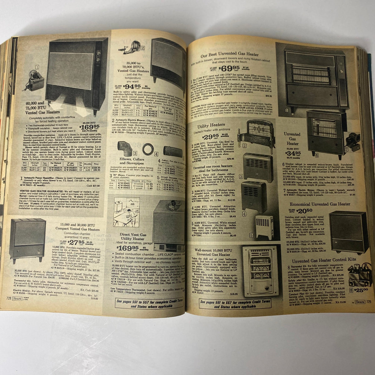 1970 Sears Roebuck and Co. Fall and Winter Catalog featuring several models of gas heaters, complete with pricing and specifications for home heating solutions.