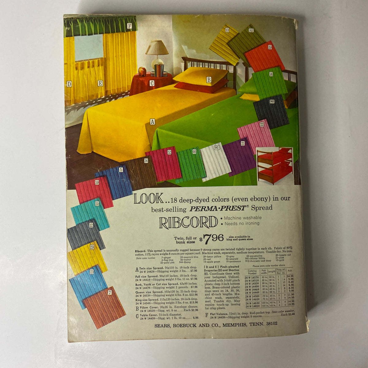 Back cover of the 1970 Sears Roebuck and Co. Fall and Winter Catalog showcasing PERMA-PREST Ribcord Spread with color samples and pricing information.