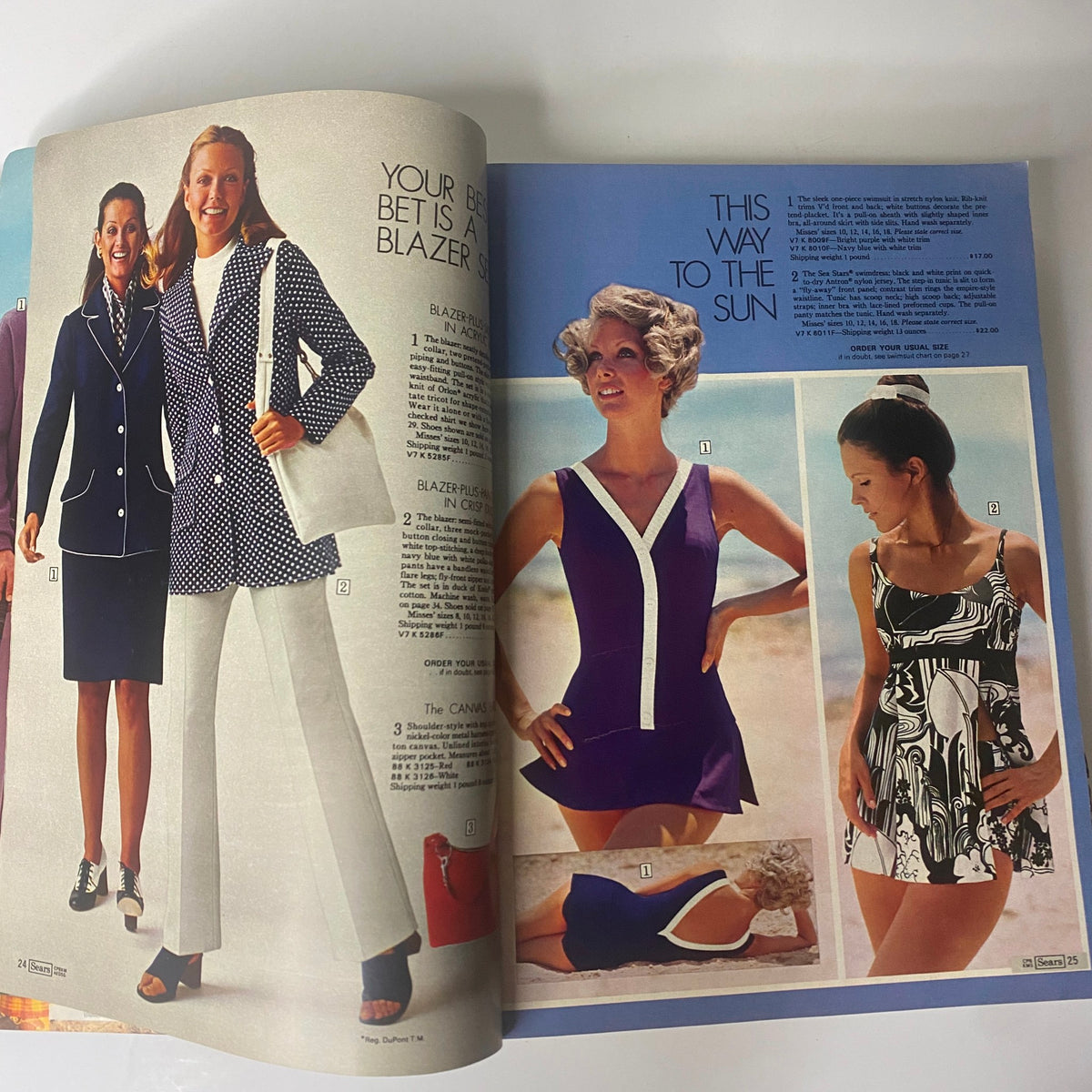 Inside pages of the 1972 Sears Roebuck and Co. Spring and Summer Catalog featuring swimwear and blazers modeled by women.