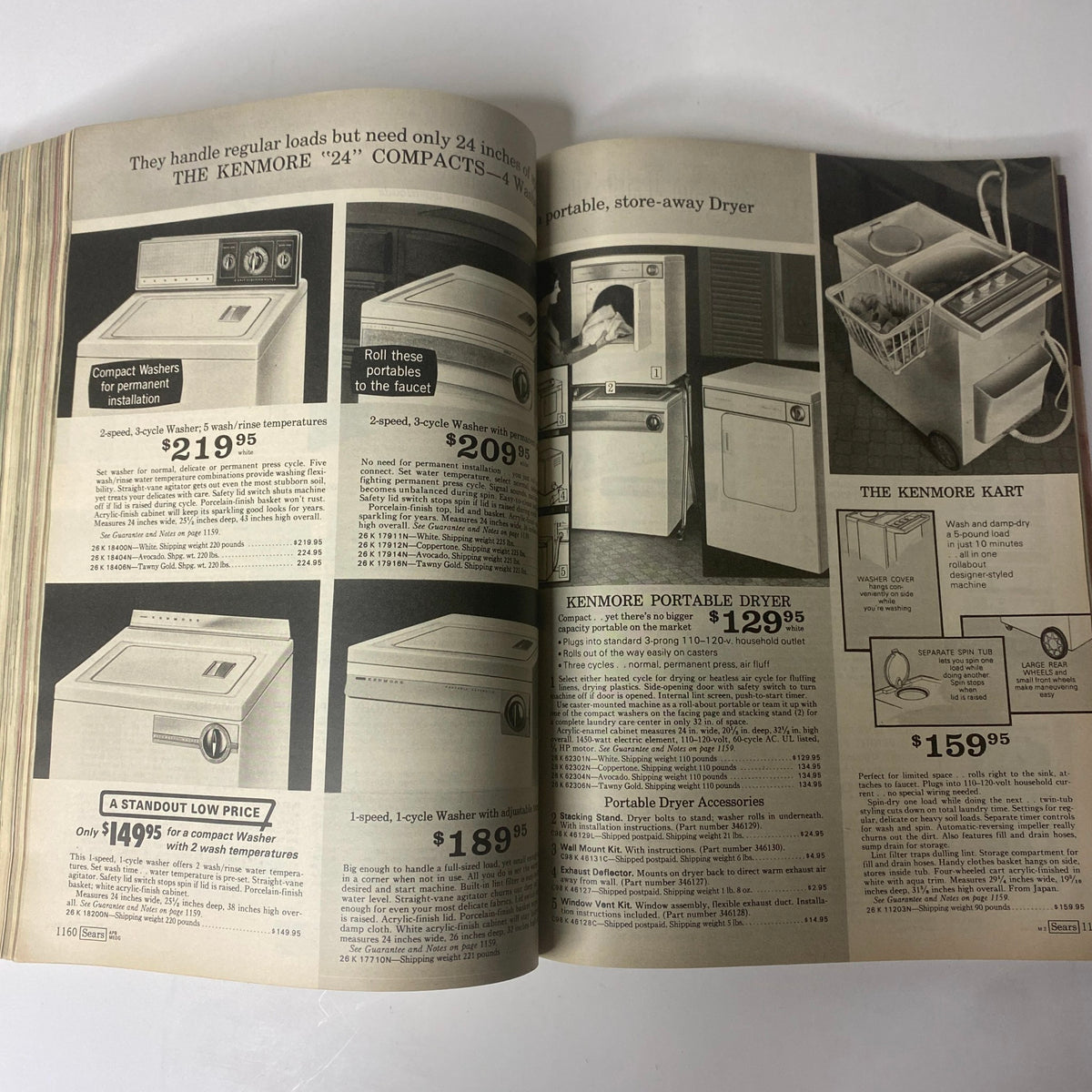 1972 Sears Roebuck and Co. Spring and Summer Catalog showing Kenmore compact appliances, including washers and portable dryers, highlighting prices and features.