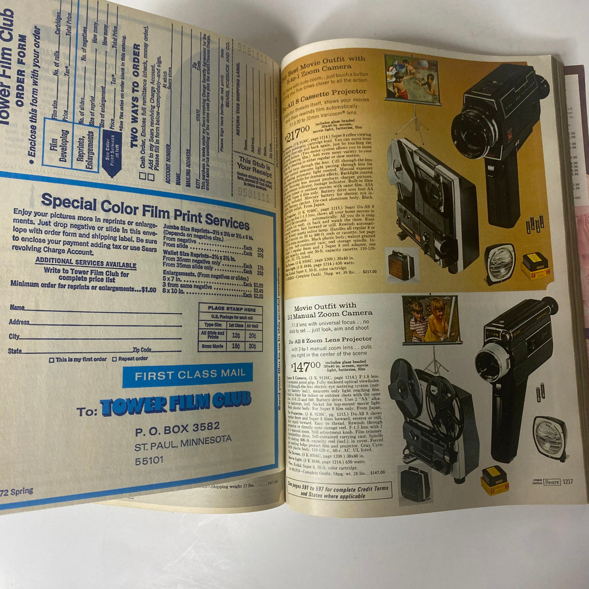 Inside pages of the 1972 Sears Roebuck and Co. Spring and Summer Catalog featuring a movie outfit with a zoom camera and associated accessories.