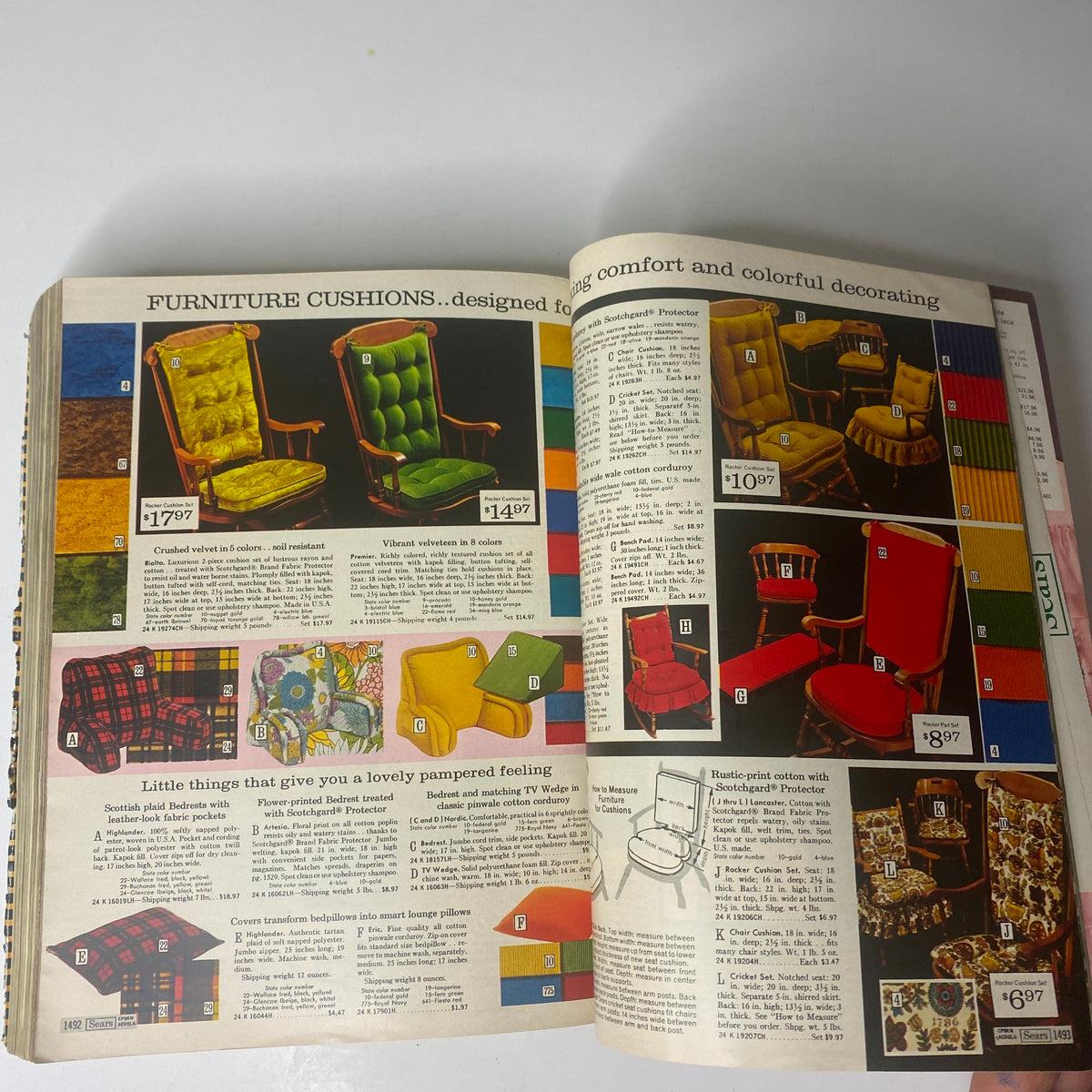 Interior of the 1972 Sears Roebuck and Co. Spring and Summer Catalog displaying colorful furniture cushions with pricing details.