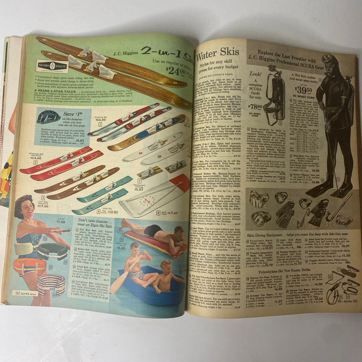 1962 Sears Roebuck and Co. Summer Book Catalog showcasing various water skis and summer water sports gear on a colorful page.