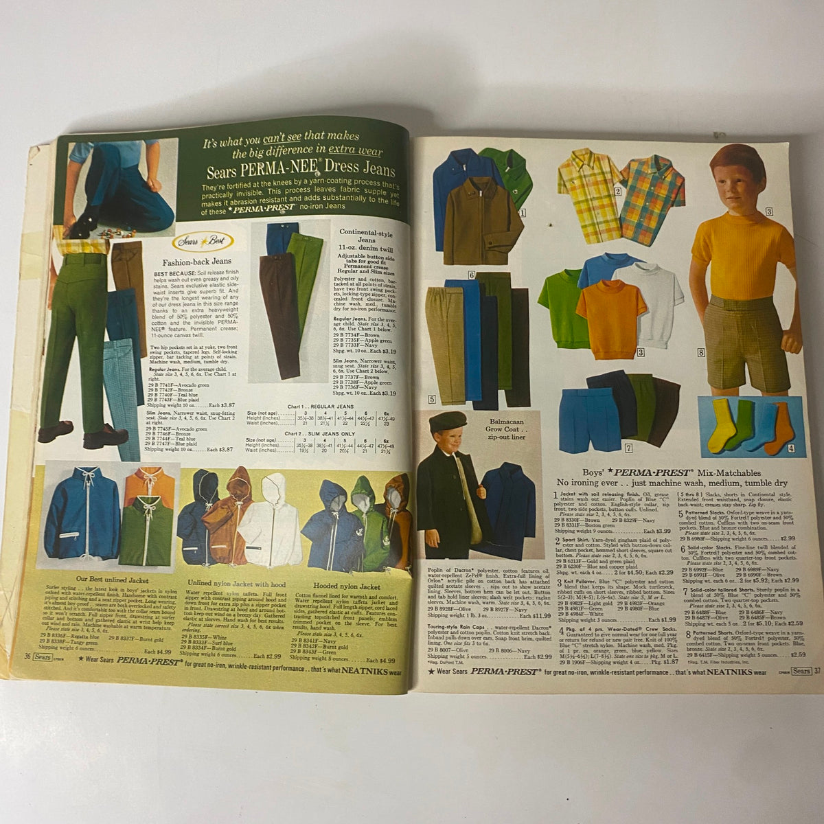 1969 Sears Roebuck and Co. Spring and Summer Catalog featuring boys' PERMA-NO dress jeans and jackets, highlighting various styles and colors popular in the late 1960s.