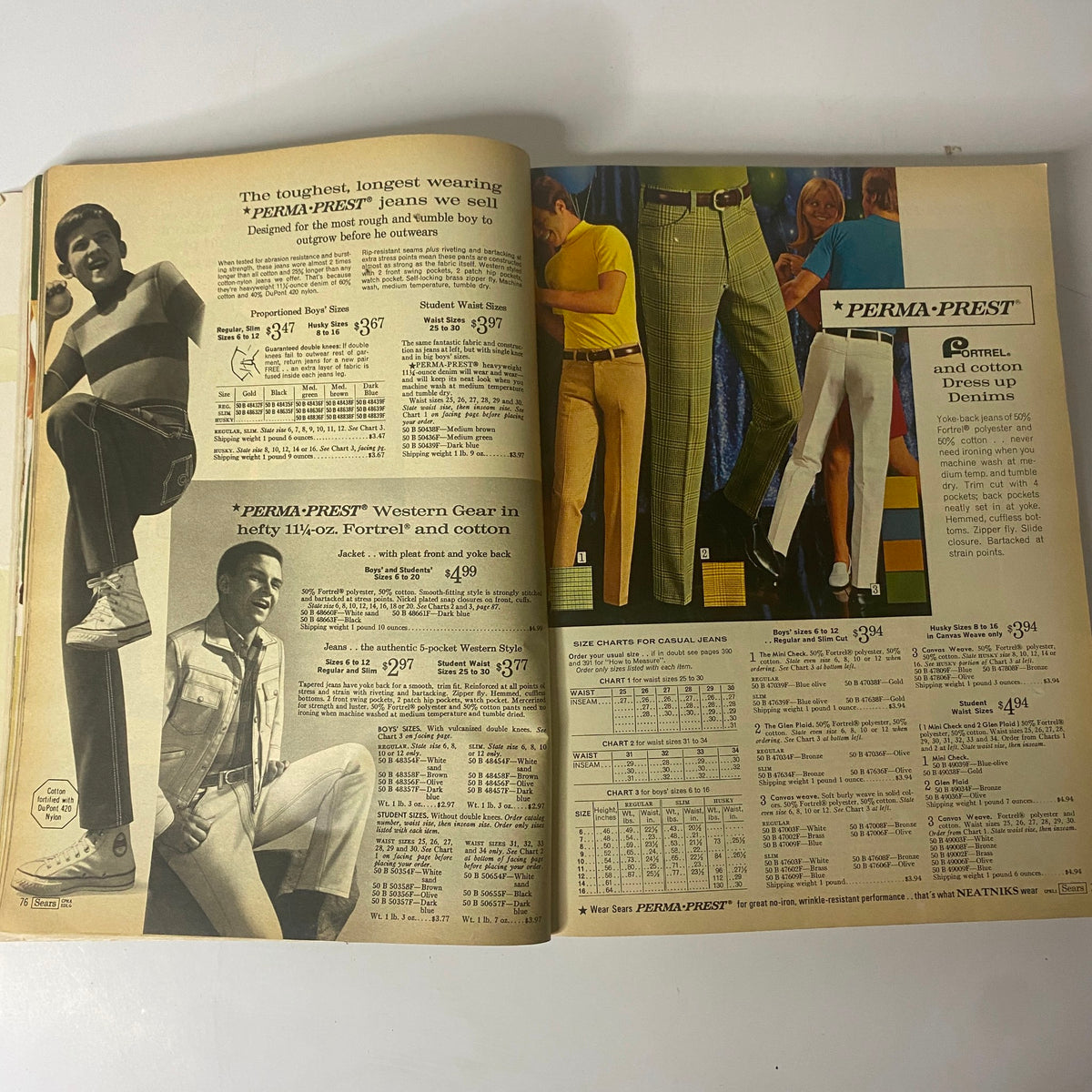 1969 Sears Roebuck and Co. Spring and Summer Catalog displaying durable PERMA-PREST jeans and Western gear, showcasing styles for boys and girls from that era.