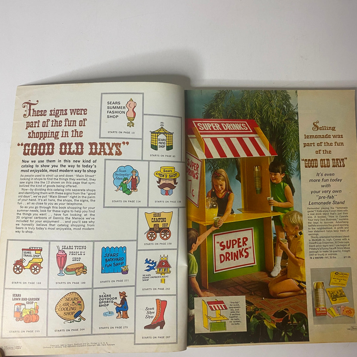 1969 Sears Roebuck and Co. Summer Catalog page showcasing vintage shopping signs, including themed sections from the catalog such as summer fashion and backyard fun with children at a lemonade stand.