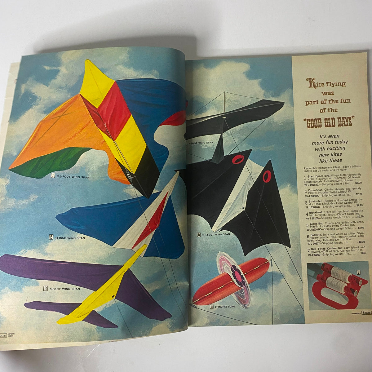 1969 Sears Roebuck and Co. Summer Catalog image featuring colorful kites depicting the joy of outdoor activities like kite flying, illustrating trends in leisure from the 1960s.