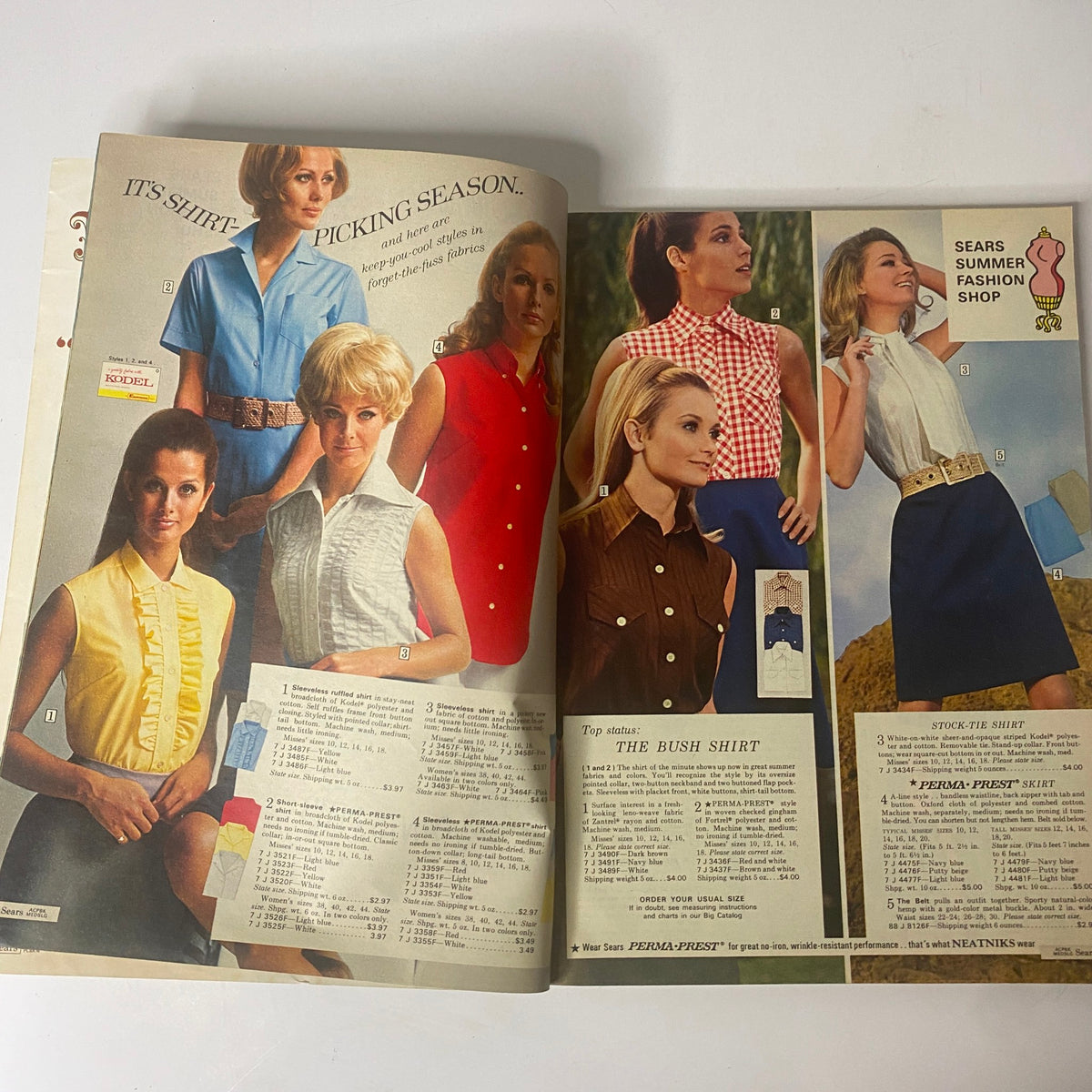 1969 Sears Roebuck and Co. Summer Catalog displaying a collection of women's summer shirts, highlighting fashion styles from the 1960s with vibrant colors and patterns.