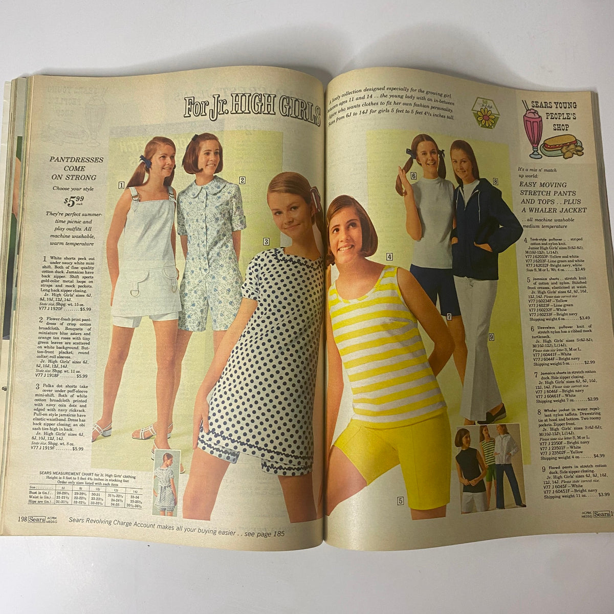 1969 Sears Roebuck and Co. Summer Catalog featuring junior high girls' fashion with stylish summertime outfits, including shorts and dresses.
