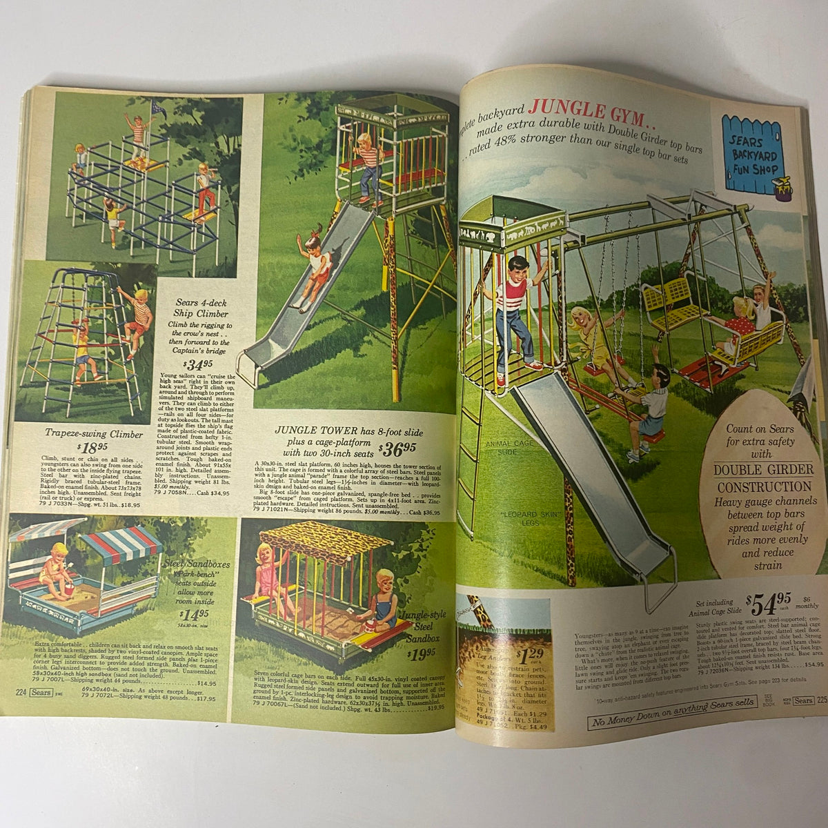 1969 Sears Roebuck and Co. Summer Catalog illustrating backyard fun products, showcasing jungle gyms, slides, and playsets for children's outdoor entertainment.