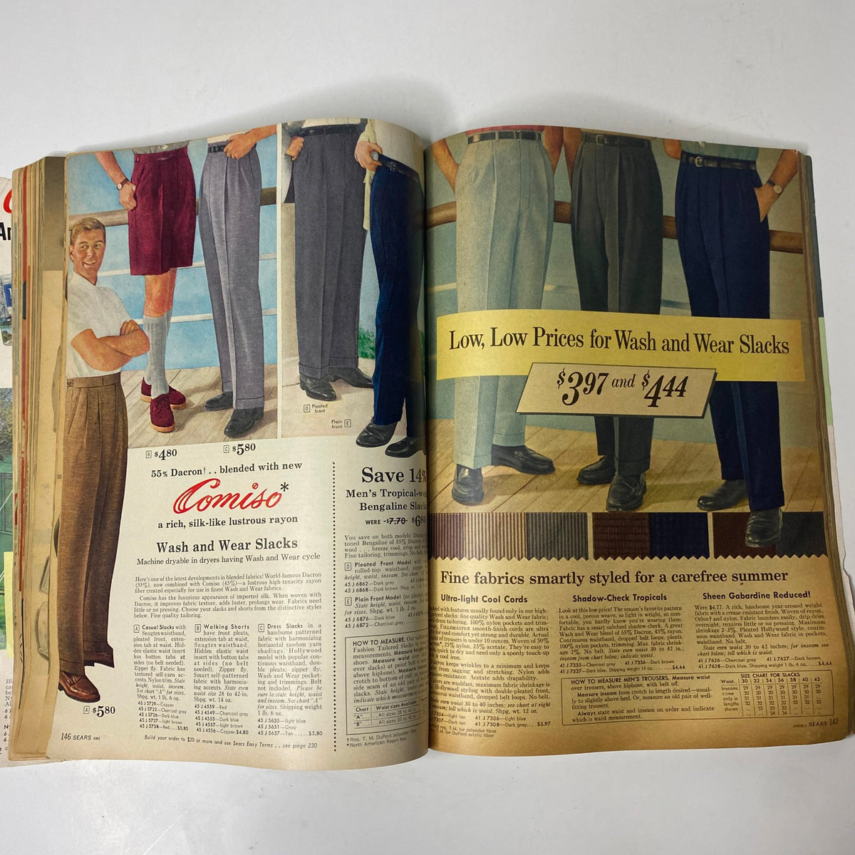 1959 Sears Roebuck and Co. Summer Sale Book Catalog featuring stylish men's wash and wear slacks with prices ranging from $3.97 to $4.44 on display.