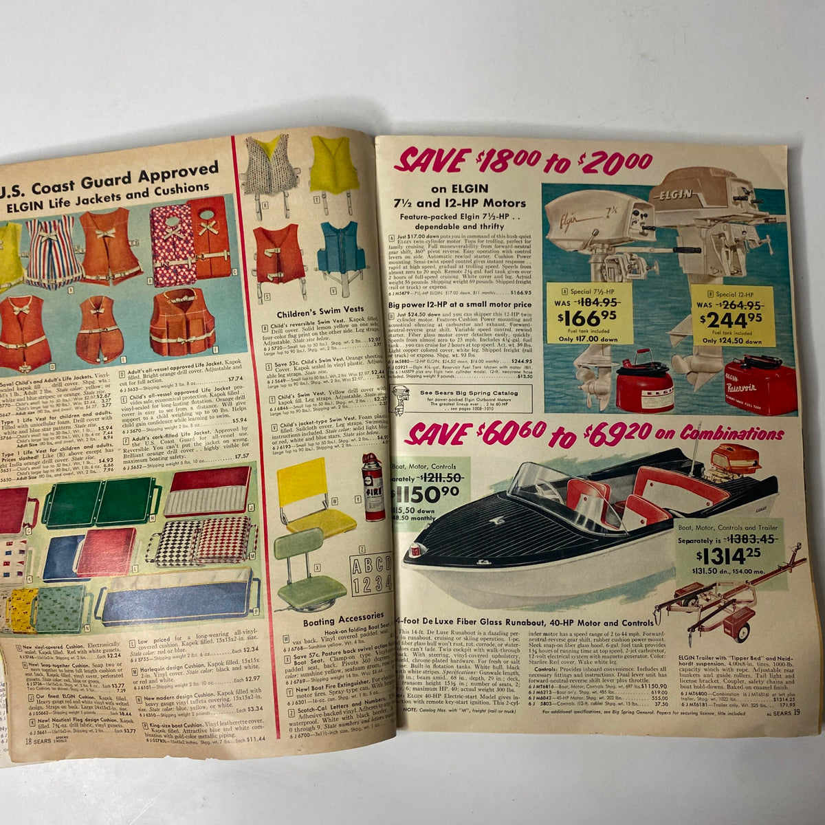 1959 Sears Roebuck and Co. Summer Sale Book Catalog showcasing U.S. Coast Guard Approved life jackets and Elgin motors with significant savings advertised.