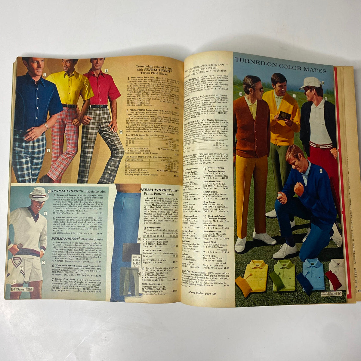 Interior page of the 1970 Sears, Roebuck and Co. Spring and Summer Catalog featuring stylish outfits for men, with an emphasis on vibrant colors and patterned clothing.