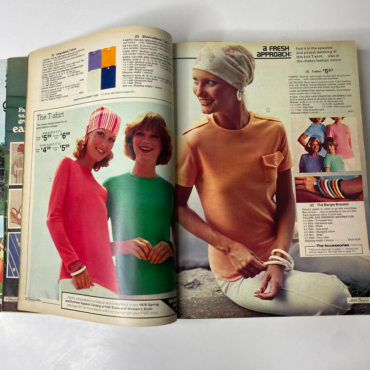 Interior page from the 1976 Sears Spring and Summer Catalog showcasing colorful women's t-shirts and accessories with three models wearing stylish outfits.