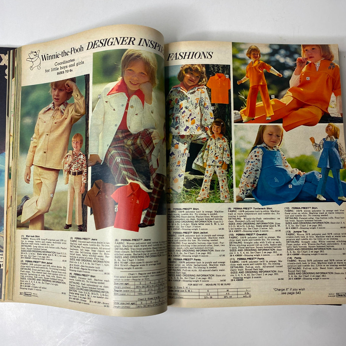 Interior page from the 1976 Sears Spring and Summer Catalog highlighting designer children's fashions inspired by Winnie-the-Pooh, with various outfits for boys and girls.