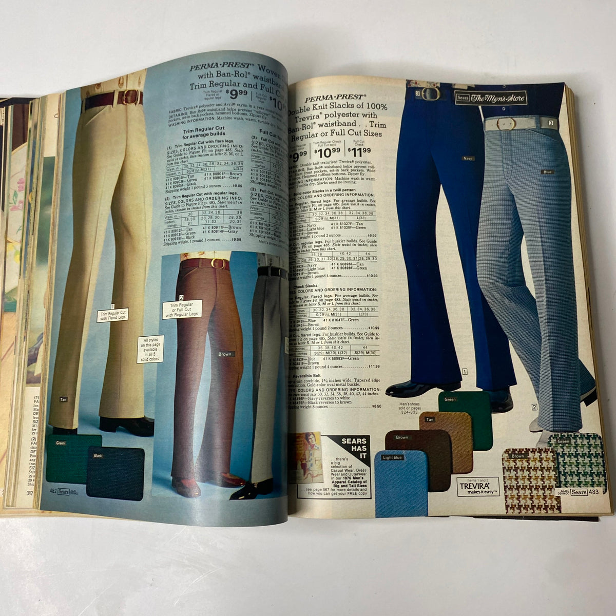 Interior page from the 1976 Sears Spring and Summer Catalog featuring a variety of men's slacks and trousers, showcasing different styles and colors.