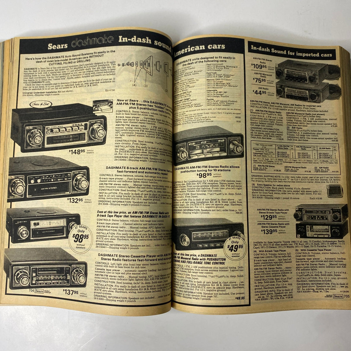 Interior pages of the 1976 Sears Spring and Summer Catalog, featuring in-dash sound systems with product details and prices.