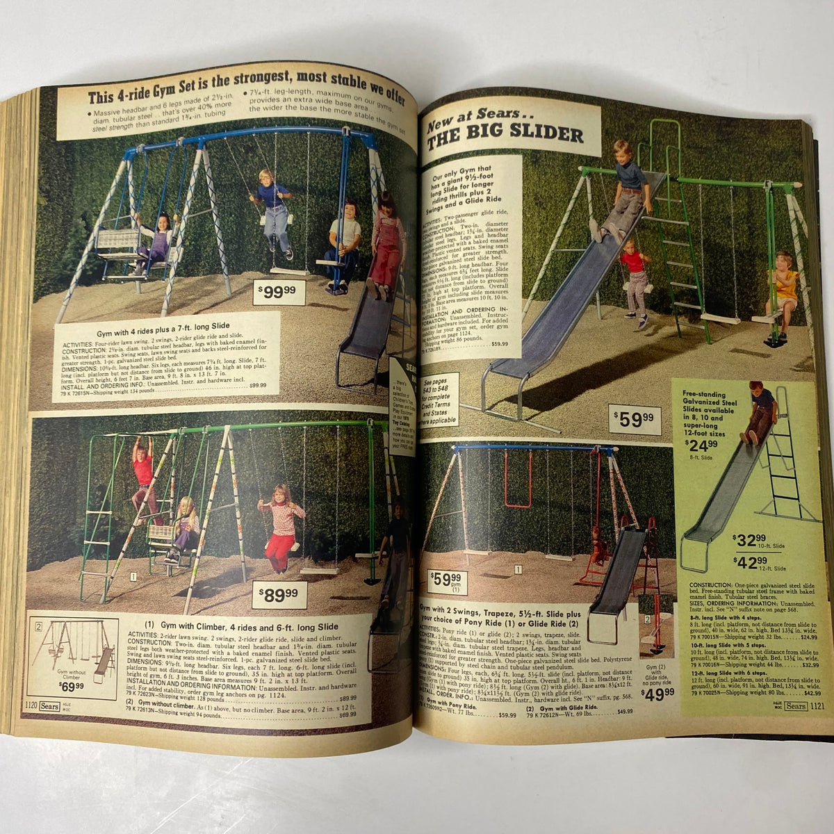 Interior pages of the 1976 Sears Spring and Summer Catalog, highlighting children's gym sets and playground equipment with pricing.