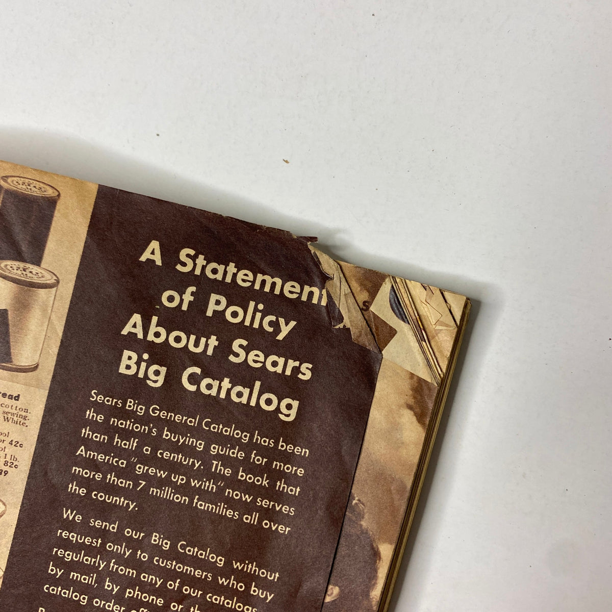 Inside page of the 1941 Sears Midsummer Sale Catalog featuring a statement of policy about Sears' big catalog and its significance as a buying guide for American families.