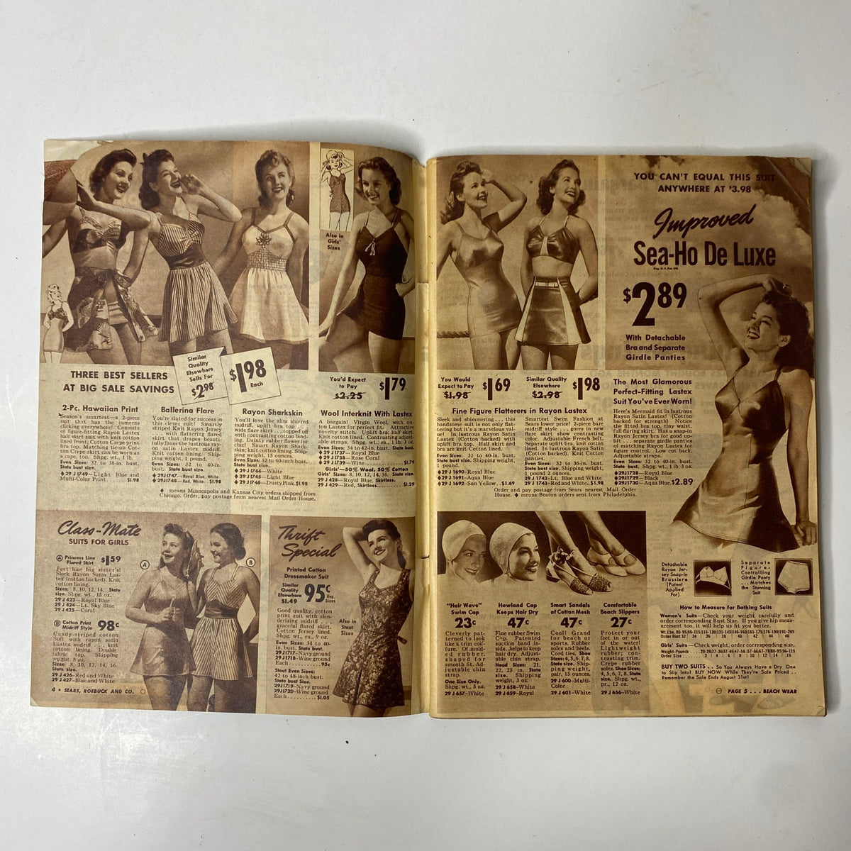 Open page of the 1941 Sears Midsummer Sale Catalog displaying swimwear with prices, reflecting 1940s fashion trends.