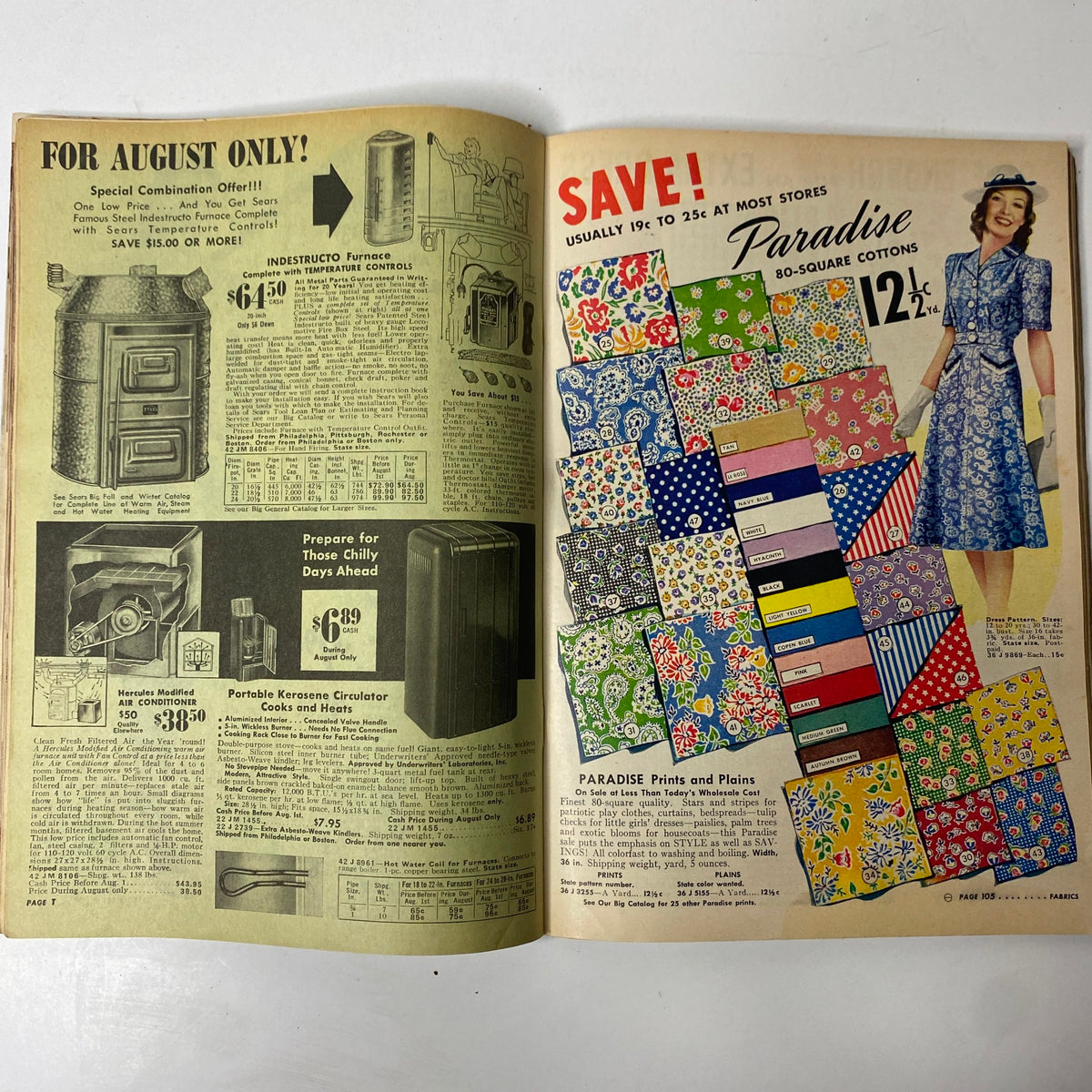 Open page of the 1941 Sears Midsummer Sale Catalog, highlighting household products and floral fabric options available for purchase.