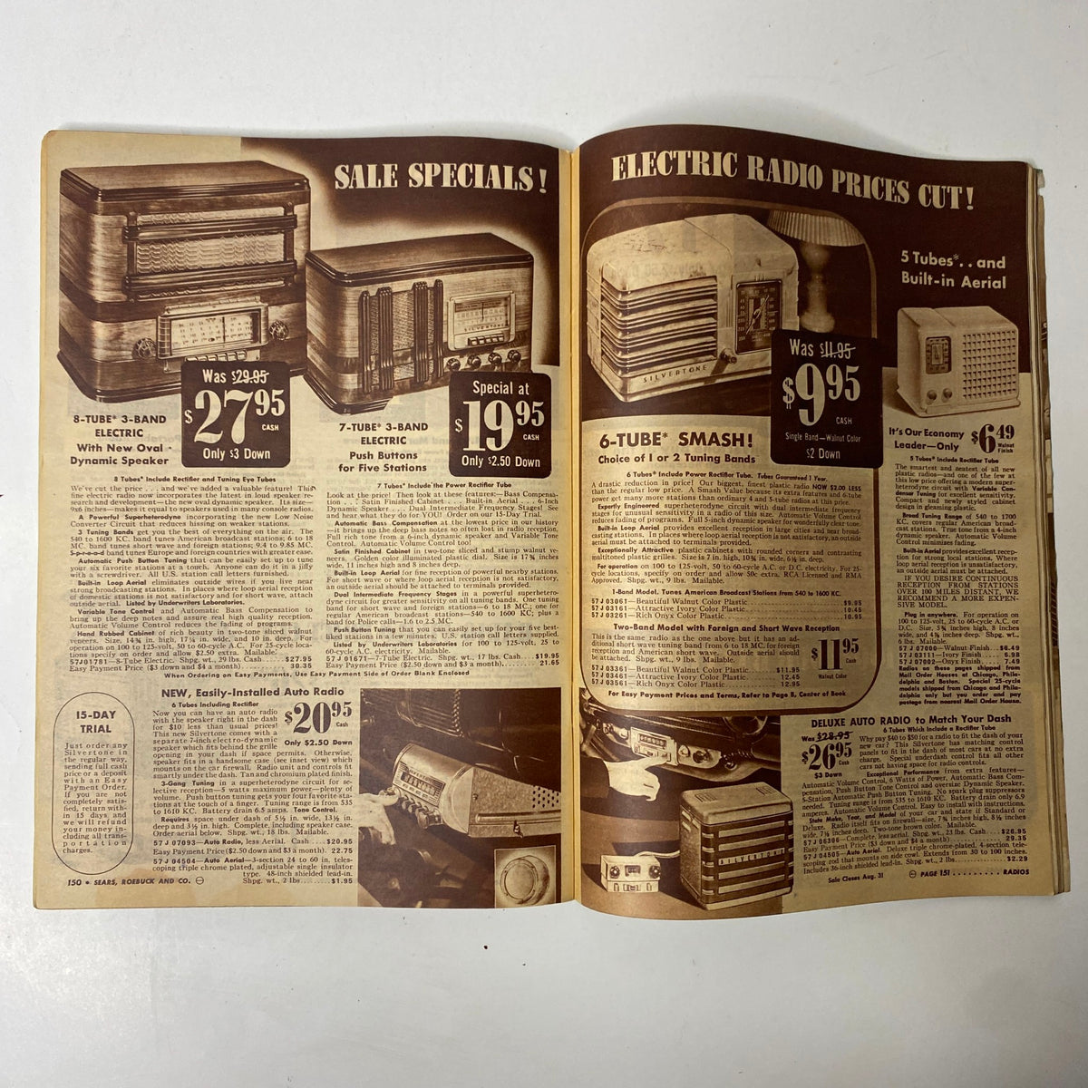 Open page of the 1941 Sears Midsummer Sale Catalog featuring electric radios, detailing sale prices and features.