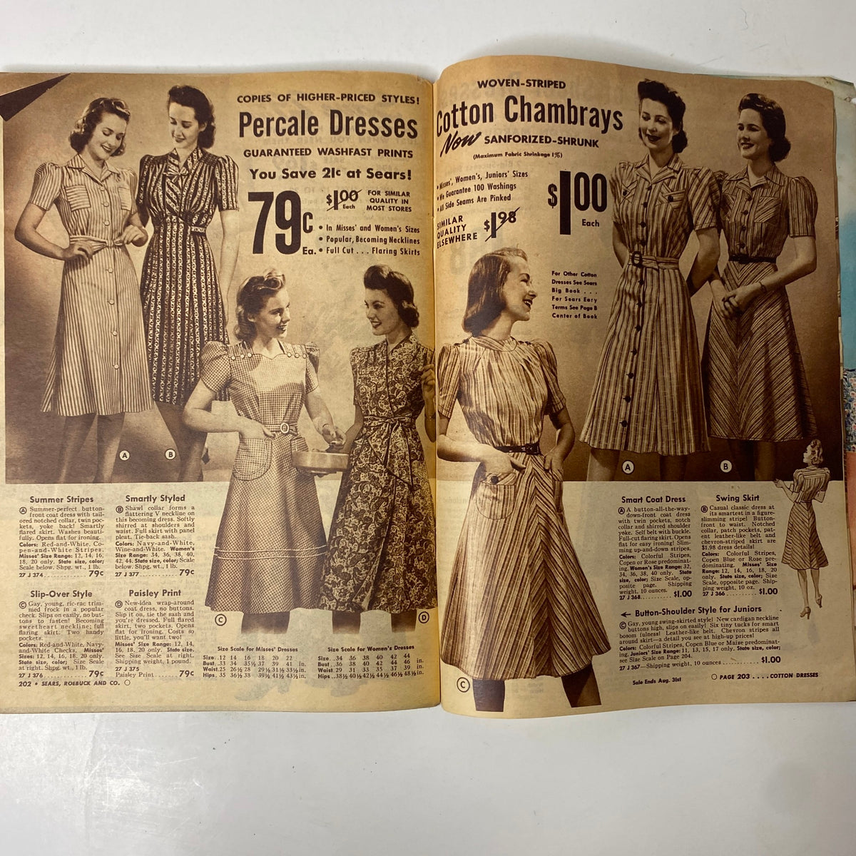 Interior page from the 1941 Sears Midsummer Sale Catalog displaying a variety of women's percale dresses and styles available for sale.