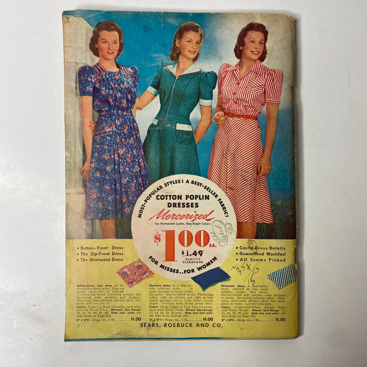 Cover of the 1941 Sears Midsummer Sale Catalog featuring models showcasing colorful cotton poplin dresses, with a price tag detailing $1.00 each, representing vintage 1940s fashion and American retail history.