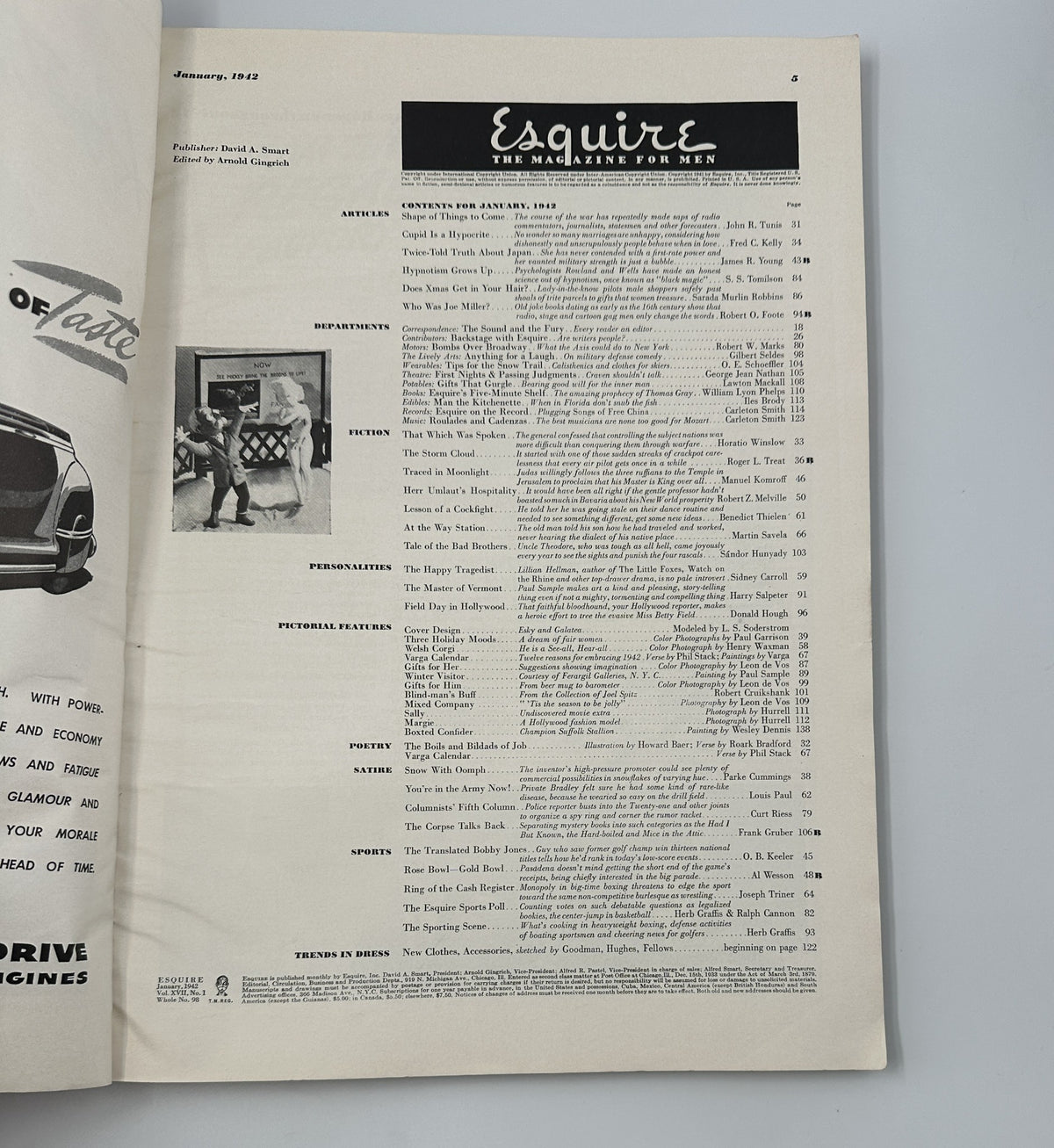 Inside page of Esquire Magazine January 1942 displaying the table of contents, revealing articles, fiction, and humor alongside the prominent publication branding.