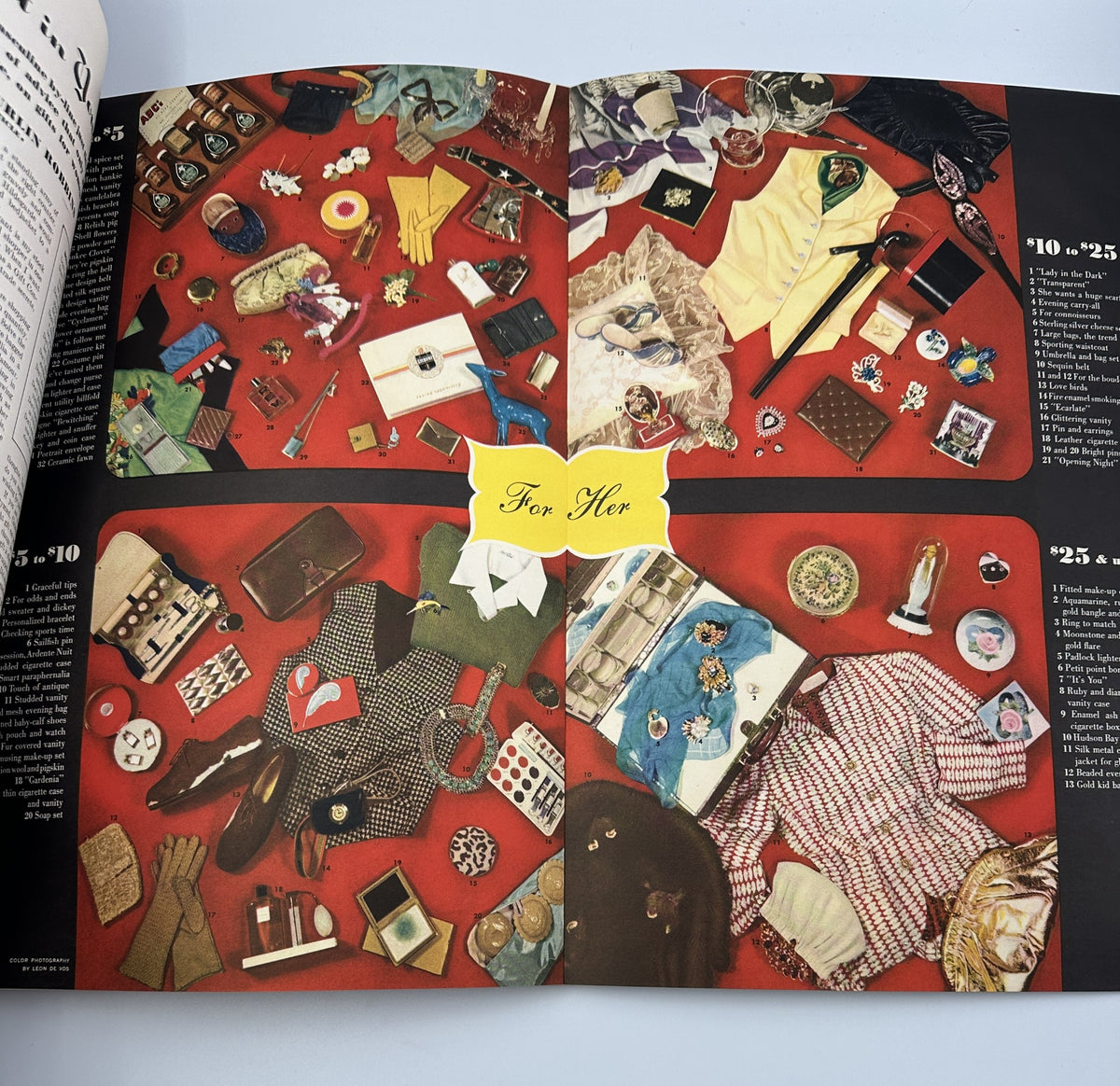 Esquire Magazine January 1942 Varga Esky Galatea Mickey Mouse Cover w Pinup; A vibrant, bustling flat lay display of eclectic gifts and items labeled 'For Her' from the 1942 issue.