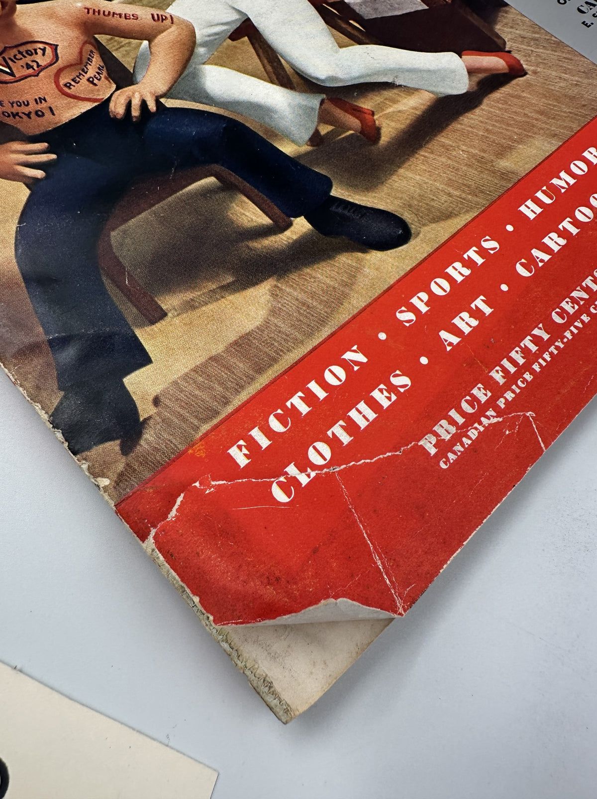 Detailed view of the corner of Esquire Magazine April 1942, showing wear and tear on the edge with the price and feature highlights like fiction and humor.